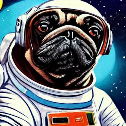 Image similar to hyper realistic, highly detailed, astronaut pug in space.