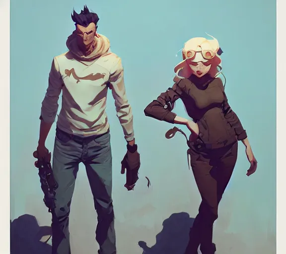 Image similar to portrait jayce and viktor by atey ghailan, by greg rutkowski, by greg tocchini, by james gilleard, by joe fenton, by kaethe butcher, dynamic lighting, gradient light blue, brown, blonde cream and white color scheme, grunge aesthetic