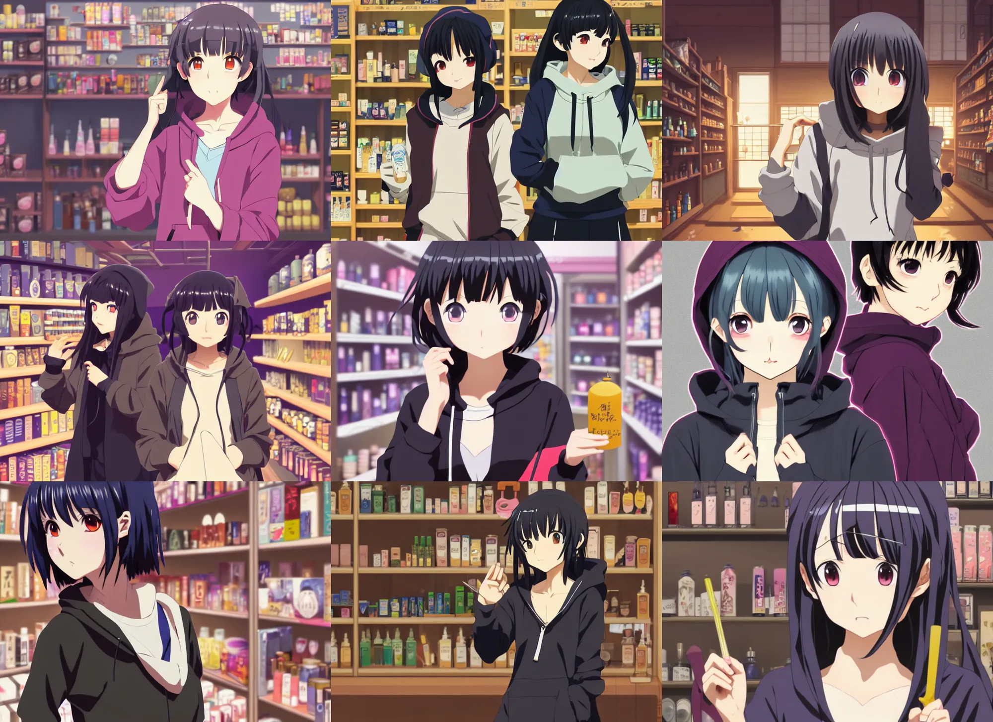 Prompt: anime visual, portrait of a young female wearing a hoodie in a potion shop interior shopping, black hair, low light, cute face by yoh yoshinari, ilya kuvshinov, makoto shinkai, katsura masakazu, dynamic pose, dynamic perspective, cel shaded, flat shading mucha, crisp and sharp, rounded eyes, moody, detailed facial features