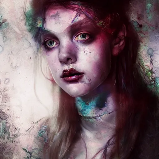 Image similar to beautiful Alice in wonderland portrait by cy Twombly and BASTIEN LECOUFFE DEHARME, iridescent, volumetric lighting