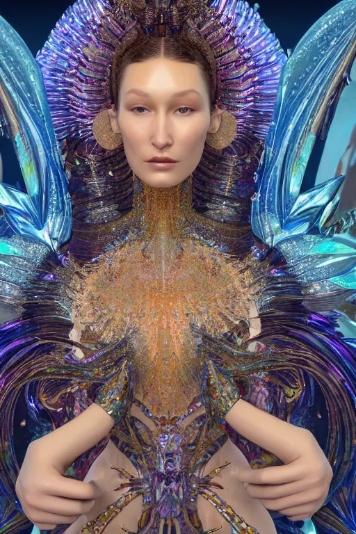 Image similar to a highly detailed metahuman 4 k close up render of an alien psychedelic goddess bella hadid in iris van herpen dress schiaparelli in diamonds swarovski and jewelry in style of alphonse mucha gustav klimt trending on artstation made in unreal engine 4