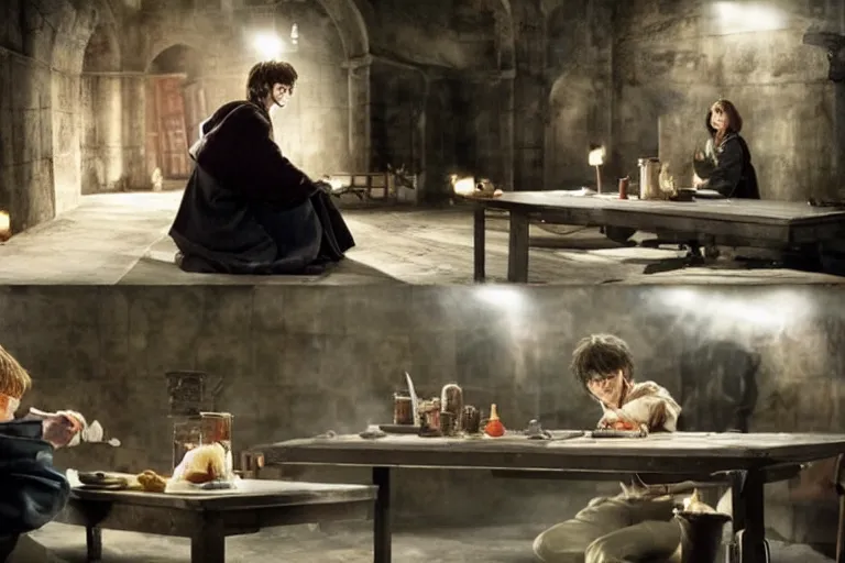 Image similar to Harry potter film, a scene where Harry Potter eating in a Concrete wall basement, Sushi is placed on a small aluminum table placed in the center, Dark cinematic color tones.