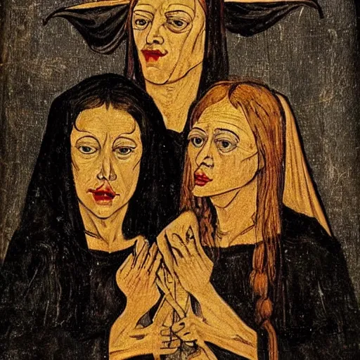 Prompt: witches with haunting eyes, medieval painting