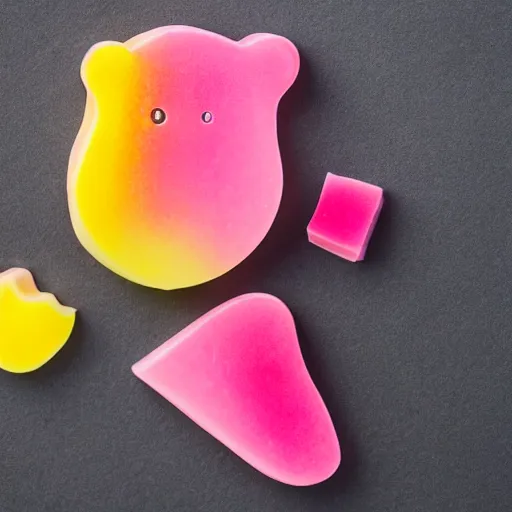 Prompt: professional food photgraphy of pink gummy bear, studio lighting, white background