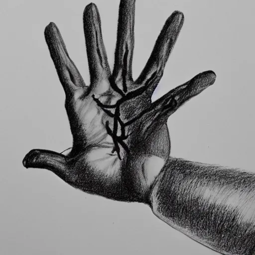 Image similar to drawing of a ten finger hand, drawn with blood on paper