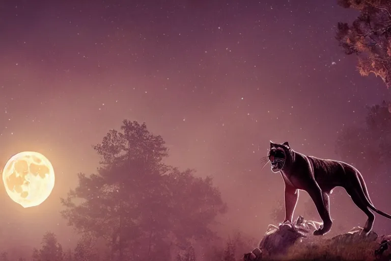 Image similar to a panther roaring at the moon in a forest during the night, large moon in the center. high quality. illustration. 4 k. cinematic. photoreal. highly detailed. dramatic. dark. night.
