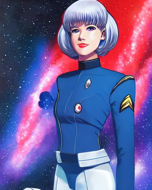 Image similar to Portrait of Rei Ayanami, as a Starfleet officer, Starfleet uniform, stars, nebula, sparkling, bokeh, 50mm, highly detailed by Paul Lehr