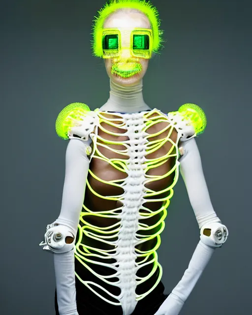 Image similar to portrait of a woman wearing a white embroidered translucent silicone mask and white neon yellow frizzy hair buns, wearing a black bodysuit by alexander mcqueen, cream white background, soft diffused light, biotechnology, humanoide robot, bjork aesthetic, translucent, by rineke dijkstra, intricate details, highly detailed, masterpiece,