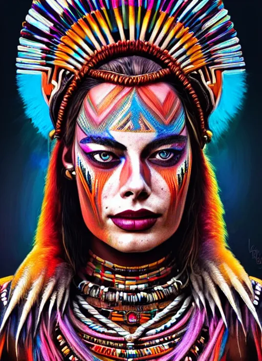 Image similar to portrait of margot robbie, hyper detailed ultra sharp aztec shaman warrior. trending on artstation, warpaint aesthetic, bloodwave, colorful, psychedelic, ornate, intricate, digital painting, concept art, smooth, sharp focus, illustration, art by artgerm and greg rutkowski and h. r. giger, 8 k