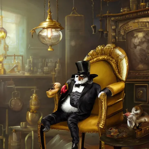 Image similar to oil painting of grumpy rich steampunk penguin sitting on fancy chair, wearing top hat, holding gold, steampunk factory background, hamster workers running in the background, sharp focus, fantasy style, octane render, volumetric lighting, 8k high definition, by greg rutkowski, highly detailed, trending on art Station, magic the gathering artwork, centered