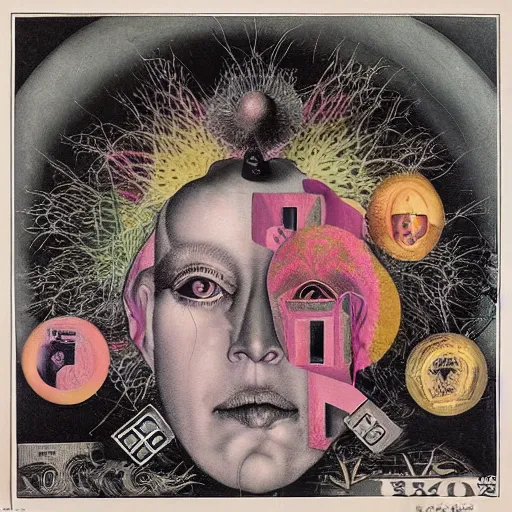 Image similar to post - punk new age album cover, asymmetrical design, frame of a dollar bank notes, capitalism, magic, apocalypse, psychedelic, black white pink, magic, giger h. r., giuseppe arcimboldo