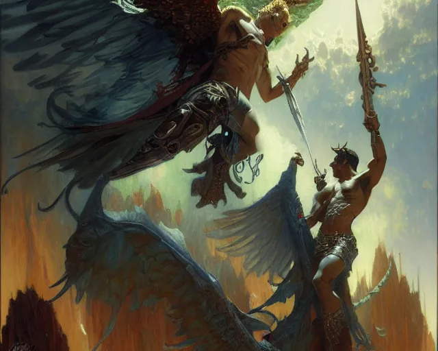 Prompt: attractive lucifer morning star summons death of the endless. highly detailed painting by gaston bussiere, craig mullins, j. c. leyendecker 8 k