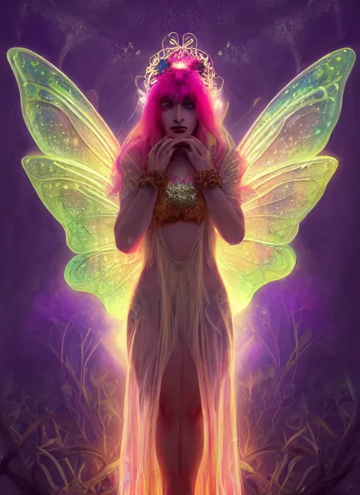 Image similar to stunningly beautiful female faerie priestess in amanita muscaria forest landscape, symmetrical wings on back, neon hair, fantasy art, wearing a dress of gossamer gold, inner glow, dark light night, sharp focus, digital painting, 4 k, concept art, art by wlop, greg rutkowski and alphonse mucha, brom, face by otto schmidt