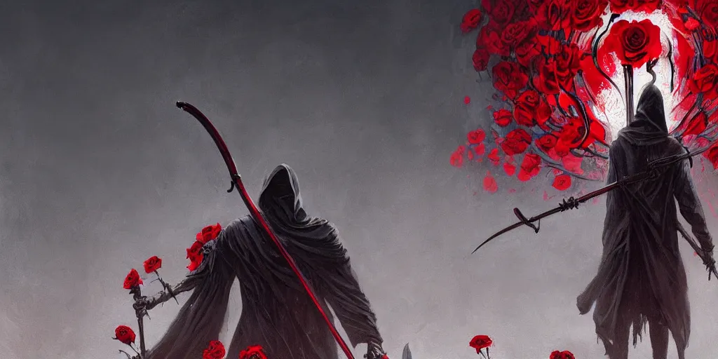 Prompt: poster style, a beautiful and terrifying painting with high details of a panoramic view of a reaper holding a long sickle, with red fluid white roses in the foreground, movie atmosphere, movie lights, 8 k, light effect, rtx on, trending on artstation, by kilian eng, lee madgwick, bastien lecouffe - deharme