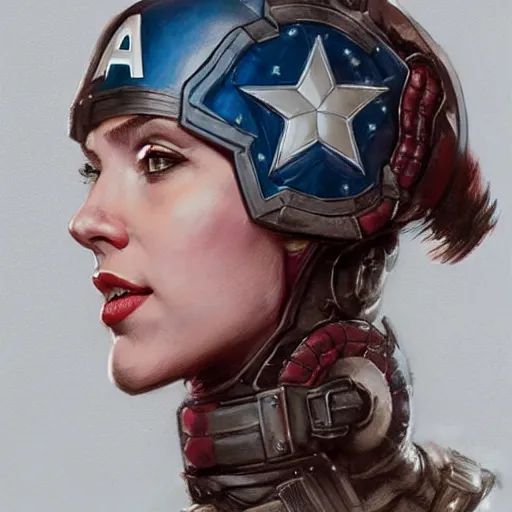 Image similar to captain america by scarlett johansson as an attractive young smiling woman wearing a mushroom crown and heavy armoured wedding dress, face portrait, hd shot, digital portrait, elegant, beautiful, fantasy art, artstation, comic style, by artgerm, guy denning, jakub rozalski, magali villeneuve and charlie bowater