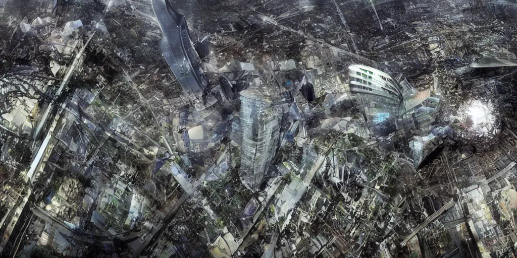 Image similar to future forest city attacked by spaceship, broken buildings, star trek, glory war, photograph