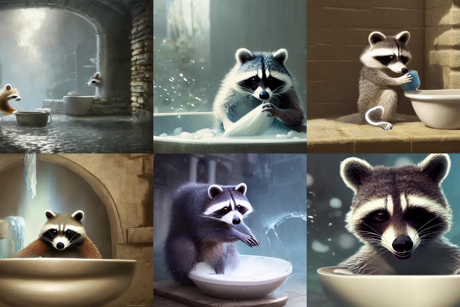 Prompt: cute racoon washing white blankets in a basin, sharp focus, fantasy style, octane render, volumetric lighting, 8k high definition, by greg rutkowski, highly detailed, trending on art Station