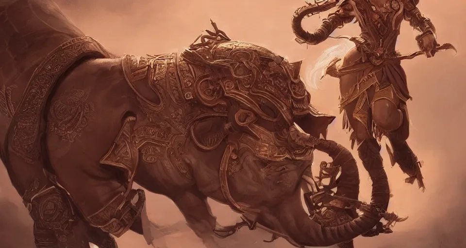 Image similar to magic tribal ethnic asian female, riding a war elephant, contrast lightning, deep focus, d & d, fantasy, intricate, elegant, highly detailed, digital painting, artstation, concept art, matte, sharp focus, illustration, hearthstone, art by artgerm and greg rutkowski and alphonse mucha