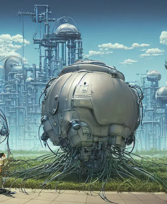 Image similar to simplicity, inflated industrial plant made from isopod lobster octopus, in the style of spaceship, overgrown with orchids, partly cloudy, somber, dramatic lighting, by geof darrow, bill sienkiewicz, dan mumford, yusuke murata, makoto shinkai, ross tran, cinematic, unreal engine, cel shaded, featured on artstation, pixiv