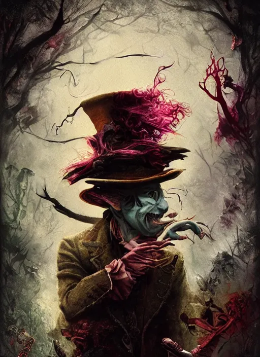 Image similar to mad hatter, call of cthulhu, highly detailed, cinematic, 8 k, by megan duncanson, benjamin lacombe, adrian borda, stanley artgermm, tom bagshaw, craig mullins, carne griffiths, ayami kojima, beksinski, giger, trending on deviantart, hyper detailed, horror, full of colour