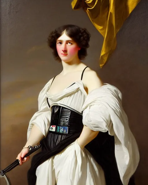 Prompt: a beautiful full body portrait of a young and beautiful darth vader in a lavish court dress, art by franz xaver winterhalter, highly detailed, elegant, jewlery, romanticism, rococo, neoclassicism, 1 8 5 0 s style painting, oil on canvas, vivid