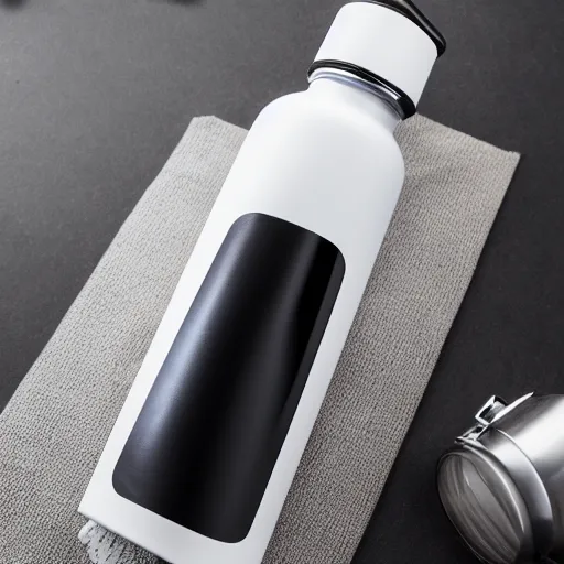 Image similar to cinematic photoshoot of clean modern hand crafted super futuristic tech water bottle pro display xpr luxury smooth color metal white silver with black leather padding well design ultrareallistic detailed high quality 8 k photorealistic ultra realistic