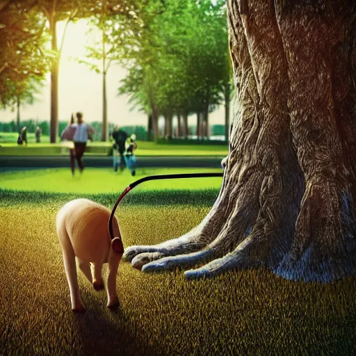 Image similar to a - toilet - taking - its - pet - man - for - a - walk - on - a - leash, outdoors, sunlight, trees, shade, park, high - detail, photorealistic, hyperrealistic