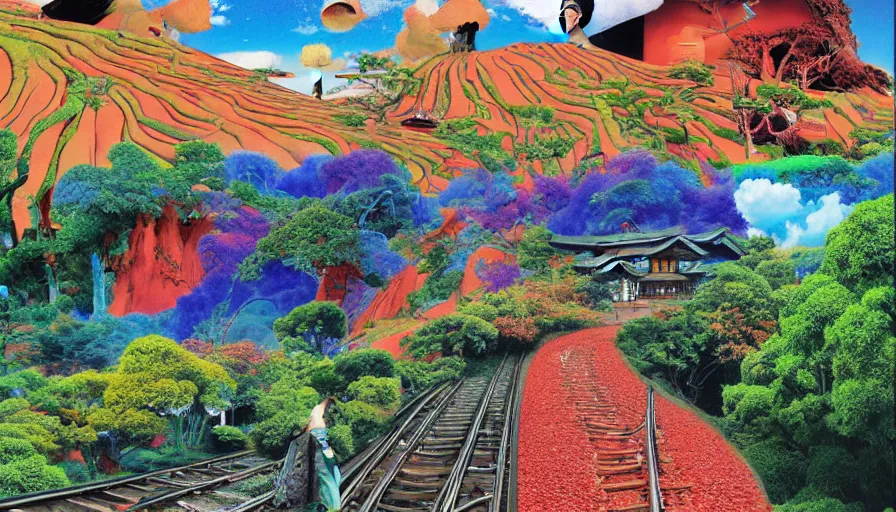 Image similar to Japan rural splendor rail travel and touring c2050, surrealist psychedelic photo-collage painting in the style of Newsweek magazine, +81 magazine, Roger Dean, Yoshio Awazu, vivid color