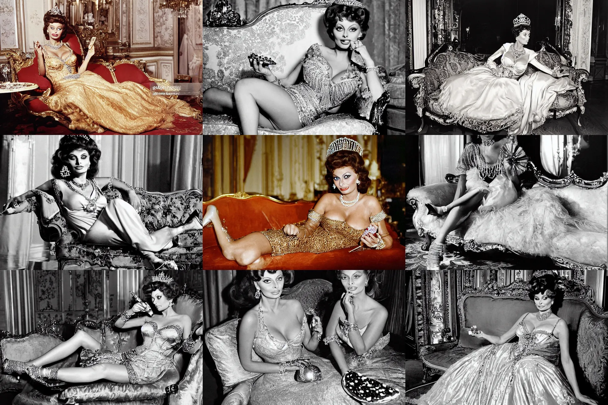 Prompt: a photo of young sophia loren, dressed as a queen, relaxing with a pizza on antique luxury sofa, wearing tiara, pearl necklace, opulent royal gown, beautiful, stunning, golden lighting, exquisit details, masterpiece, burlesque photo by letizia battaglia