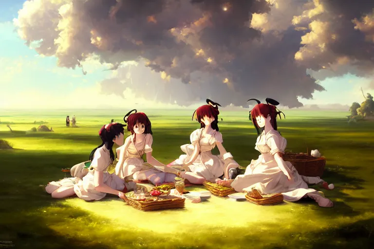 Image similar to baroque oil painting of anime key visual concept art of anime maids having a picnic in rolling green plains, sunrays breaking through clouds, grimdark steampunk high fantasy, trending on artstation, brush strokes, oil on canvas, style of makoto shinkai and greg rutkowski and studio ghibli