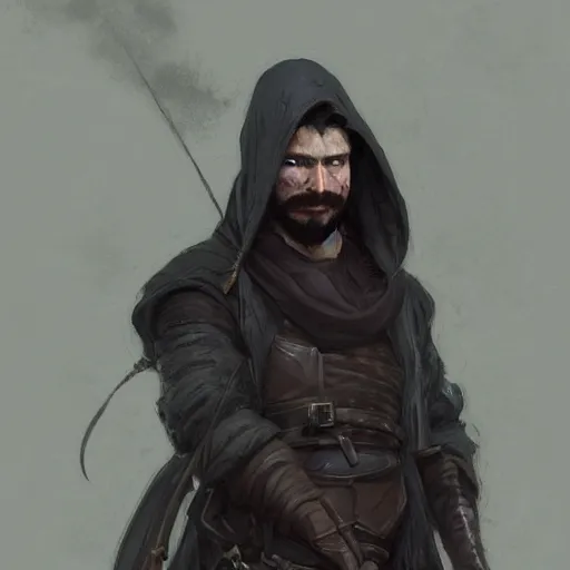 Prompt: portrait of a male rogue with short black hair and beard wearing brown clothes and a black hooded cloak, half body, fantasy, highly detailed, digital painting, artstation, concept art, character art, art by greg rutkowski and tyler jacobson and alphonse mucha