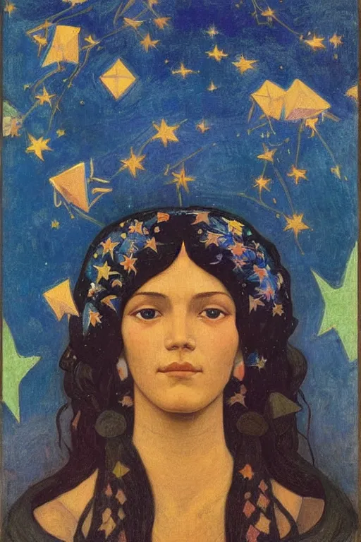 Prompt: girl with stars in her hair by Nicholas Roerich and Annie Swynnerton and Diego Rivera and jean delville, dramatic cinematic lighting , ornate headdress , flowing robes, sacred artifacts, lost civilizations, smooth, sharp focus, extremely detailed