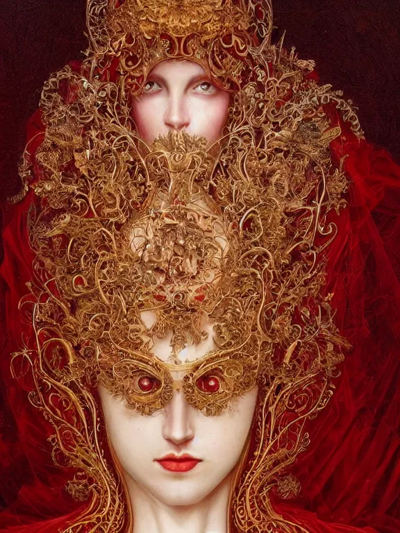 Prompt: a beautiful render of baroque catholic veiled red queen , with symmetry intricate detailed,by LEdmund Leighton, peter gric,aaron horkey,Billelis,trending on pinterest,hyperreal,jewelry,gold,intricate,maximalist,glittering,golden ratio,cinematic lighting