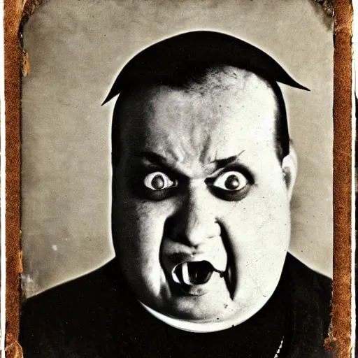 Image similar to antique photograph of an evil catholic priest, cracked and faded photo paper, morbidly obese, crazy eyes wide open, horror, staring at the camera with hate, headshot, dark background, low light, dark