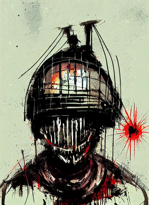 Prompt: horror art, clive barker prisoner inside a torture helmet, art by ismail inceoglu