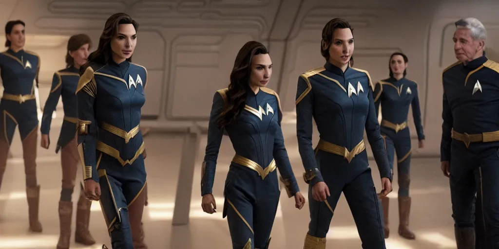 Image similar to Gal Gadot, in full starfleet uniform, is the captain of the starship Enterprise in the new Star Trek movie