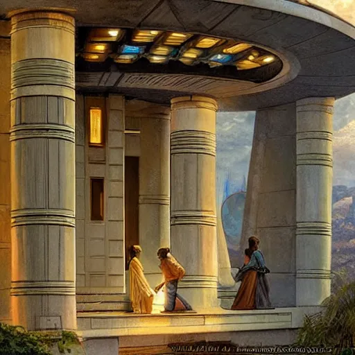 Image similar to STAR TREK house night time architecture designed in ancient Greece, (SFW) safe for work, photo realistic illustration by greg rutkowski, thomas kindkade, alphonse mucha, loish, norman rockwell