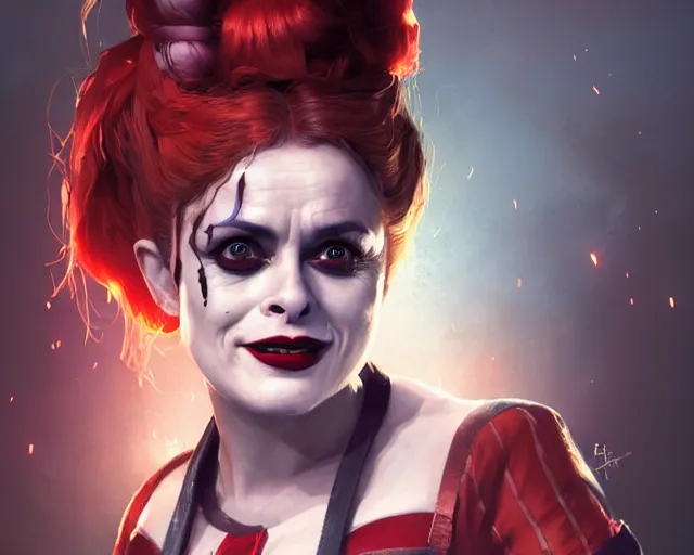 Image similar to highly detailed portrait of helena bonham carter as harley quinn, in injustice 2, stephen bliss, unreal engine, fantasy art by greg rutkowski, loish, rhads, ferdinand knab, makoto shinkai and lois van baarle, ilya kuvshinov, rossdraws, tom bagshaw, global illumination, radiant light, detailed and intricate environment