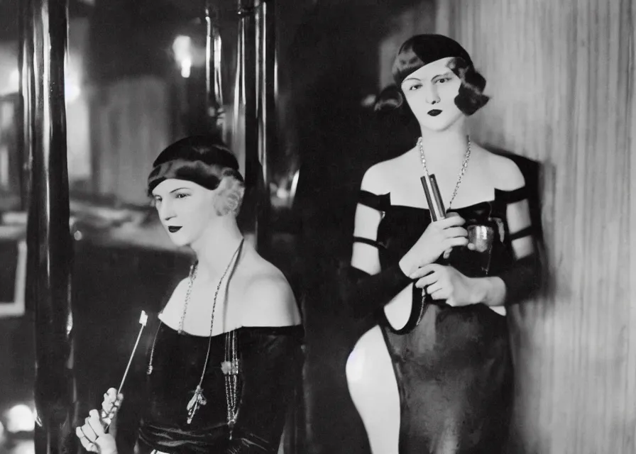 Prompt: a 1 9 2 0 s short - haired flapper woman in black satin gloves holding a long cigarette holder, smirking at the camera, at a jazz party in a dimly lit speakeasy, circa 1 9 2 4, in the style of edward hopper