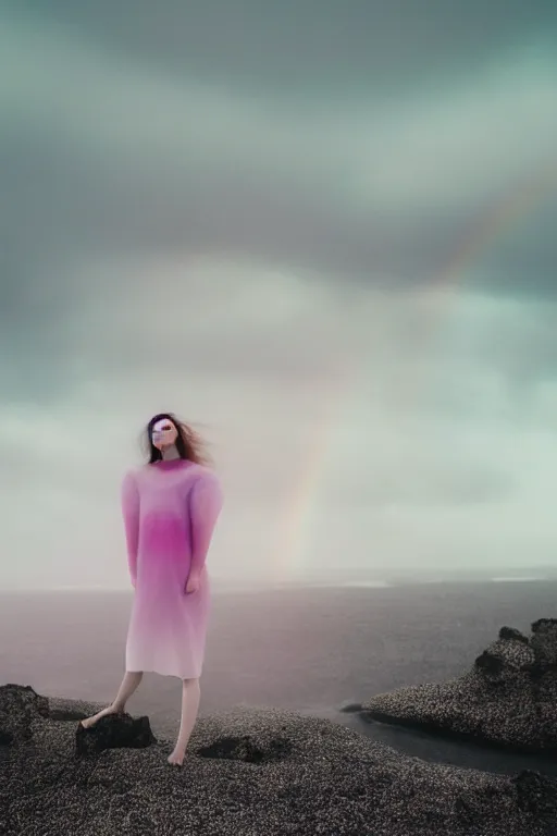 Image similar to high quality pastel coloured film close up wide angle photograph of a model wearing clothing swimming on cloud furniture in a icelandic black rock!! environment in a partially haze filled dreamstate world. three point light, rainbow. photographic production. art directed. pastel colours. volumetric clouds. pastel gradient overlay. waves glitch artefacts. extreme facial clarity. 8 k. filmic.