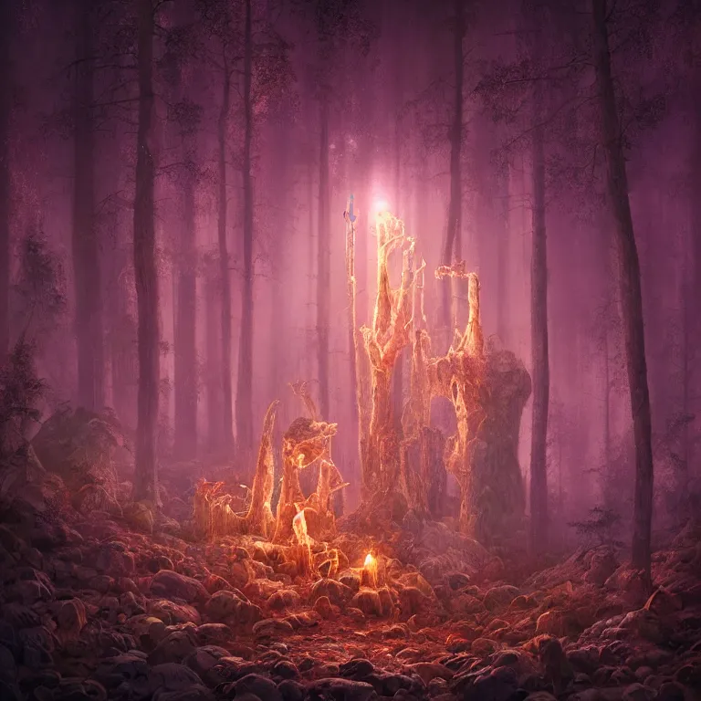 Image similar to a beautiful macro photography of a mystical crystal in a dark forest, hyper detailed, warm volumetric lights, made by gerald brom and mike winkelmann, photorealism