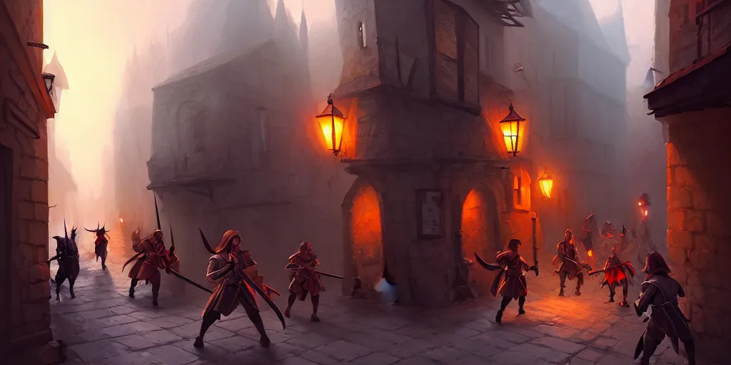 Image similar to an exciting fantasy street battle within a fascinating old city, soldiers fighting, narrow streets, old buildings, by Sylvain Sarrailh, cinematic, simple but effective composition, clean lines, beautiful digital painting, oil painting, detailed, dungeons and dragons, lord of the rings