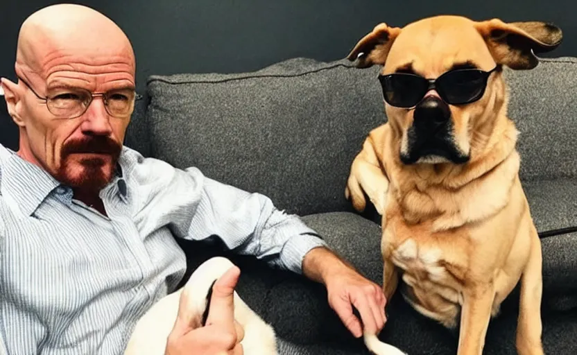 Prompt: walter white giving a thumbs up next to his dog, photo, selfie, trending, wholesome, supportive,