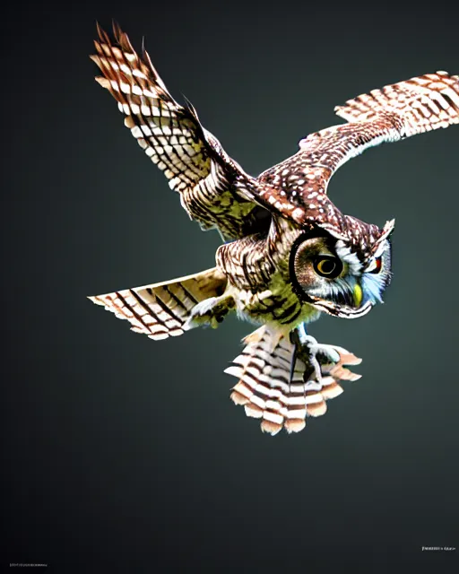 Image similar to an extremely detailed masterpiece photo of a western screech - owl in flight, in the style of brian froud, brian despain, brian bolland, digital art, unreal engine, volumetric lighting, dark moody lighting, trending on artstation, photorealistic, epic scene