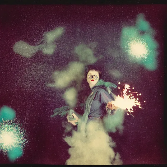 Prompt: kodak portra 4 0 0, wetplate, muted colours, blueberry, 1 9 1 0 s style, motion blur, portrait photo of a backdrop, explosions, rockets, sparkling, arcane's jinx, aka powder, by georges melies and by britt marling