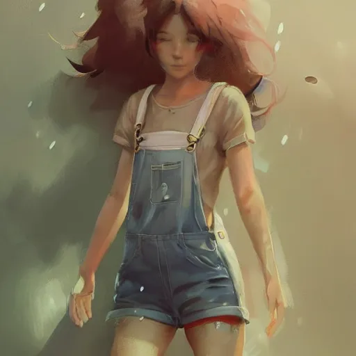 Image similar to Female, soft eyes and narrow chin, dainty figure, single strap paint covered overalls, short shorts, combat boots, raining, basic white background, style of by Jordan Grimmer and greg rutkowski, crisp lines and color,