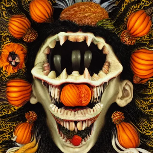 Image similar to album cover, teeth, black, white, orange, psychedelic, giuseppe arcimboldo