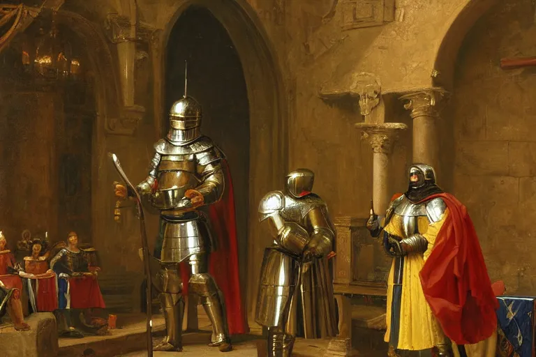 Image similar to an oil painting of a knight wearing plate armor in a medieval church, 4 k, highly detailed, painted by thomas cole