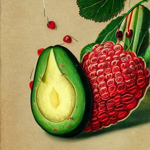 Image similar to highly detailed graphic poster depicting an avocado and a raspberry watching the world on burn with fire, done in the style of old botanical illustrations, matisse, caravaggio, basquiat, japanese art, 4 k