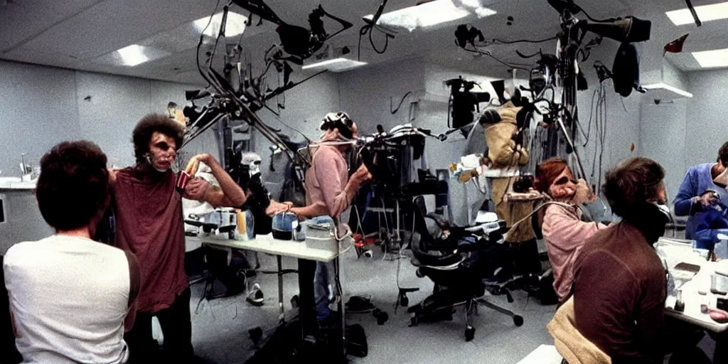 Image similar to color film still, behind the scenes of filming, staff applying makeup to actors. ; alien 2 ( 1 9 8 6 )